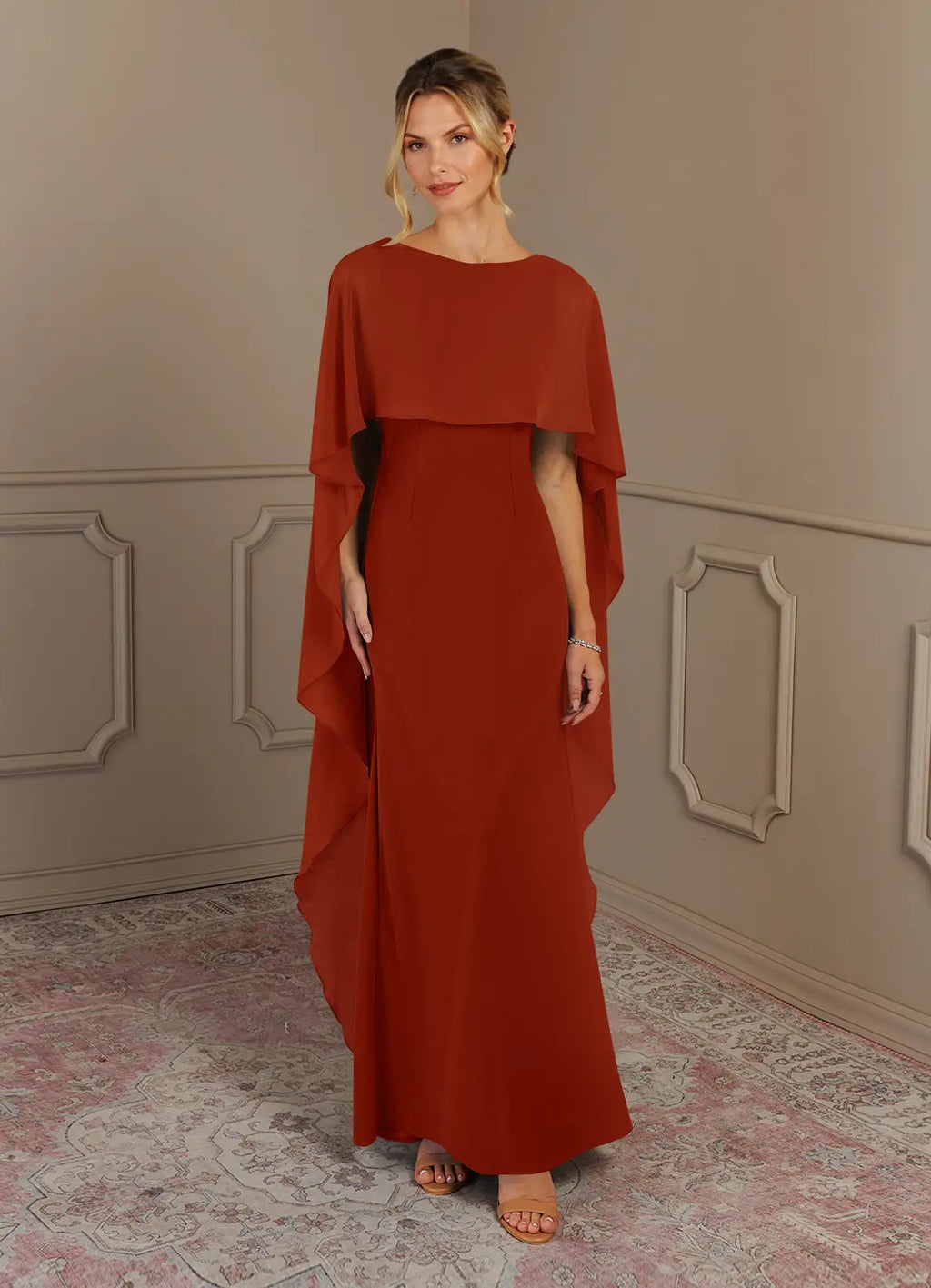 Elegant Cape Sleeve Maxi Dress – Two Piece Overlay Formal Evening Dress