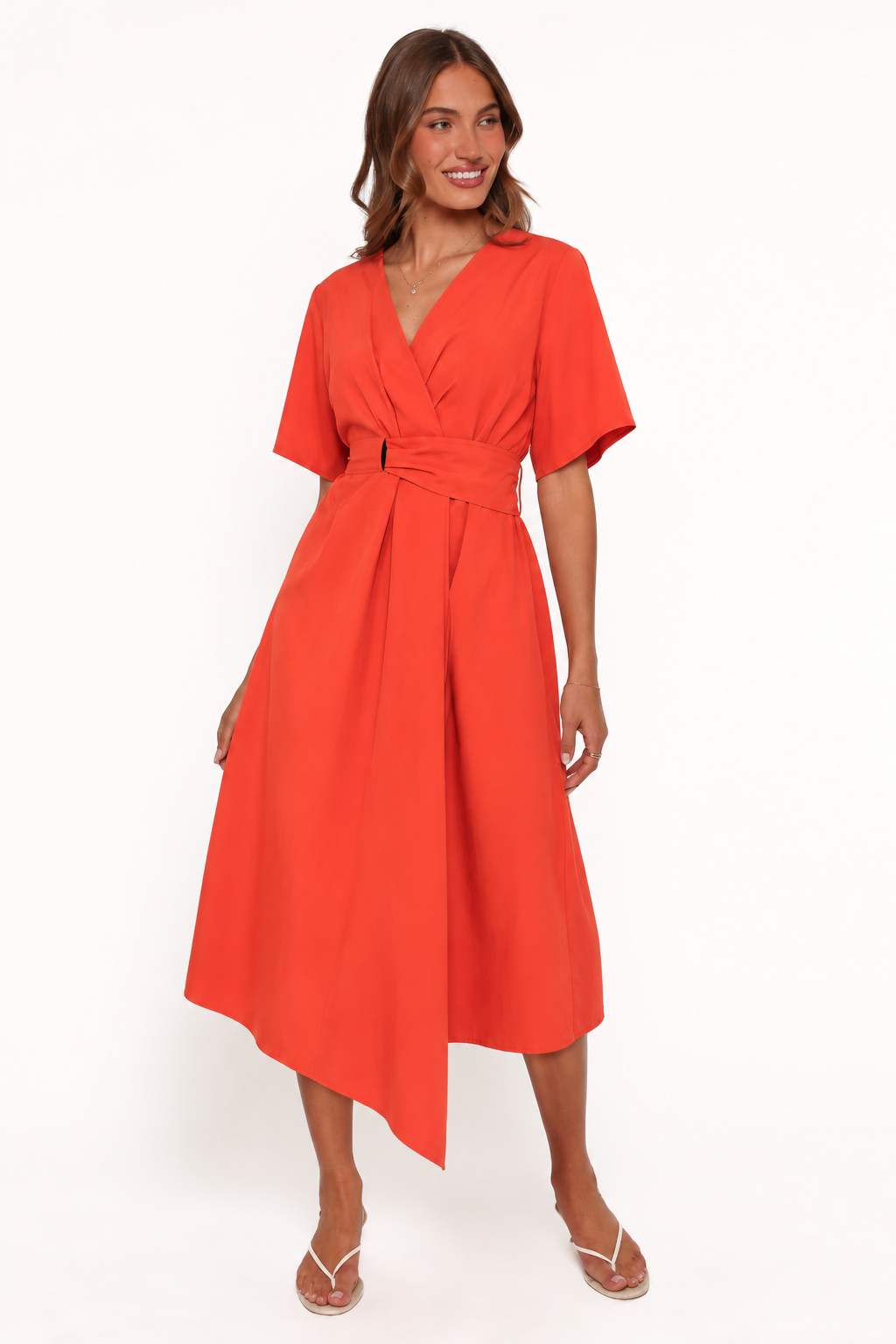Elegant Wrap Style Midi Dress - Flutter Sleeves