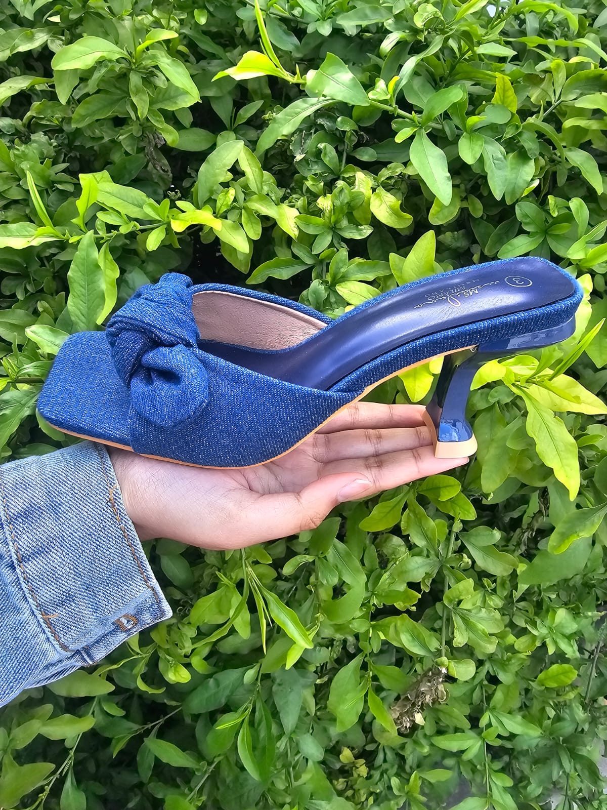 Bow Knot Square Toe Heels – Denim Mid Heel Mules