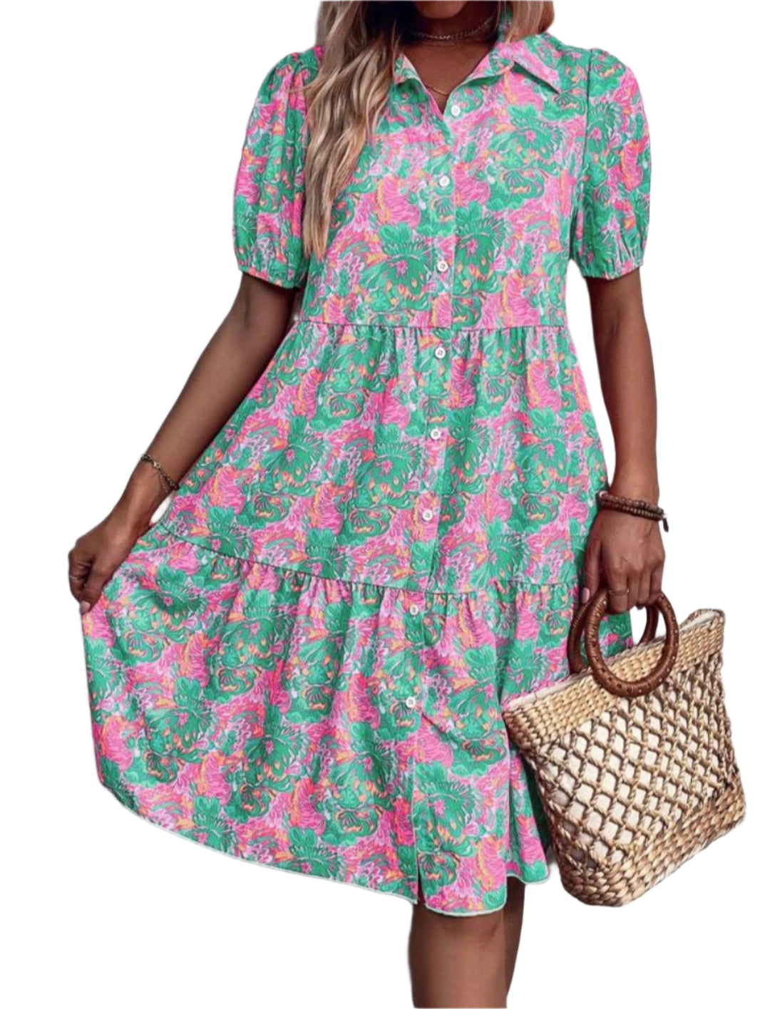 Floral Puff Short Sleeve Button-Down Midi Dress | Feminine & Timeless