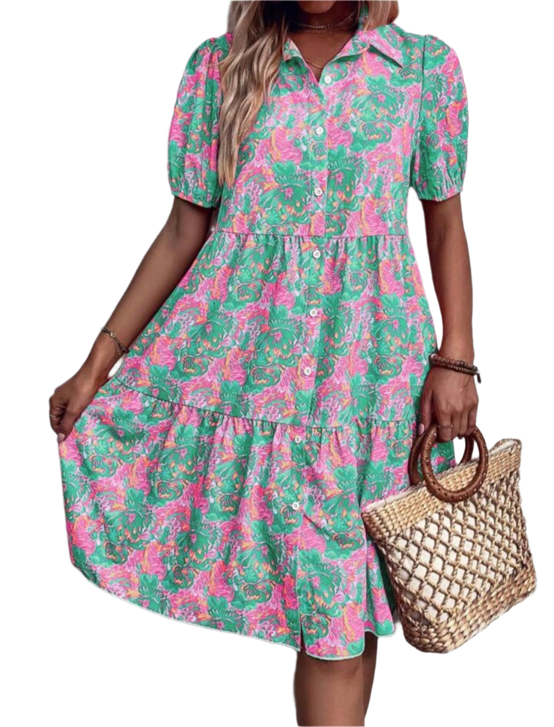 Floral Puff Short Sleeve Button-Down Midi Dress