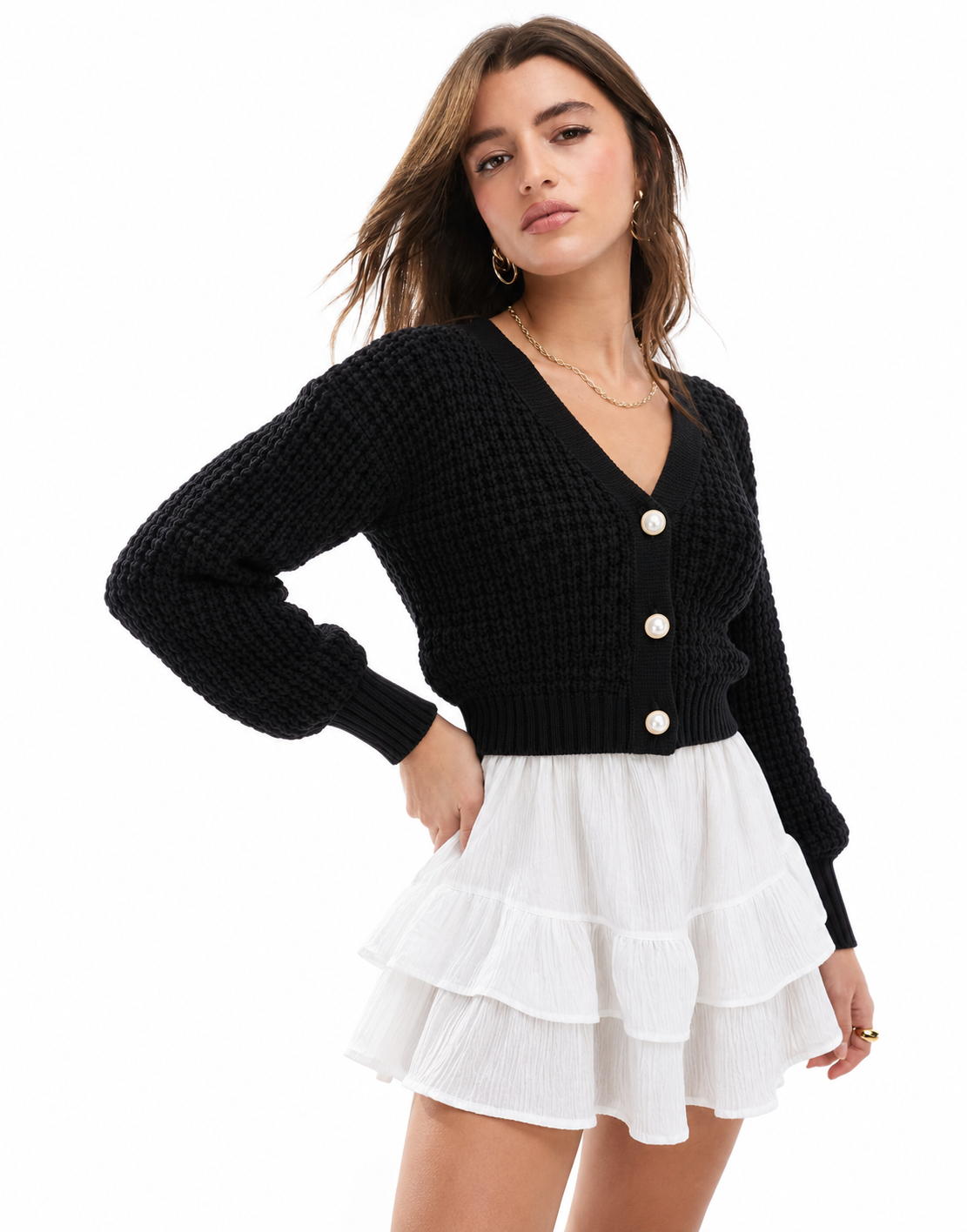 Pearl-Button Textured Knit Cardigan