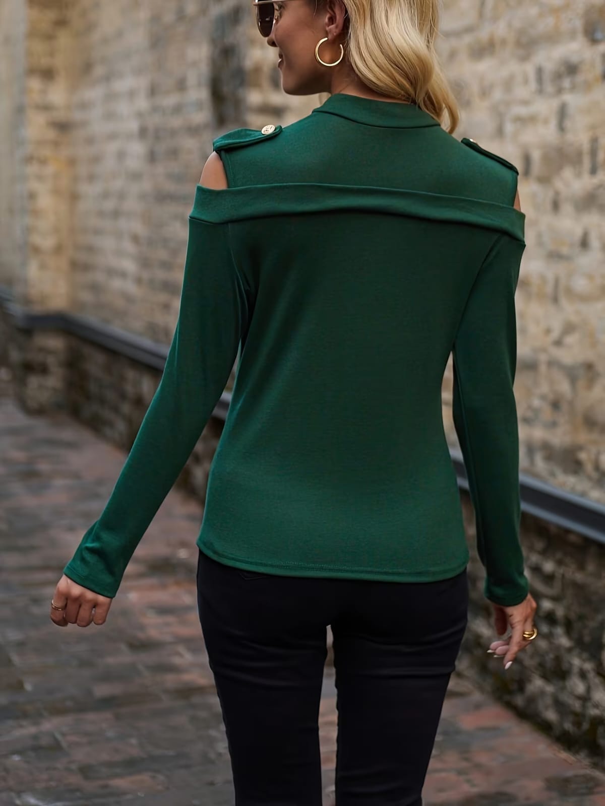 Gold-Button Cold Shoulder Top