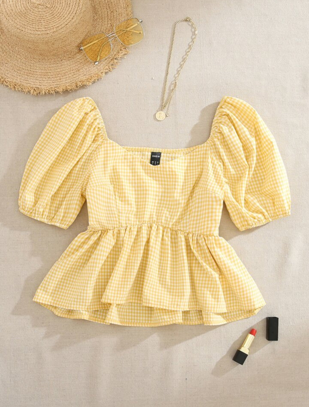 Puff Sleeve Gingham Top – Square Neck Peplum Blouse