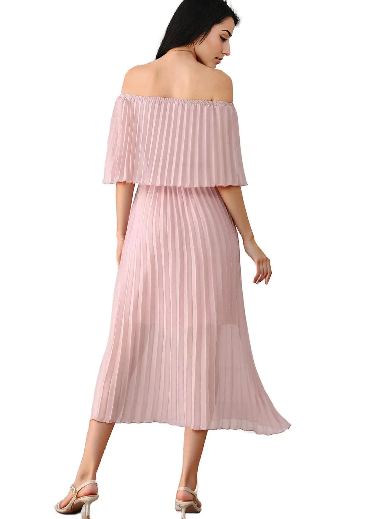 Pink Off-Shoulder Chiffon Pleated Midi Dress – Elegant & Flowy Style