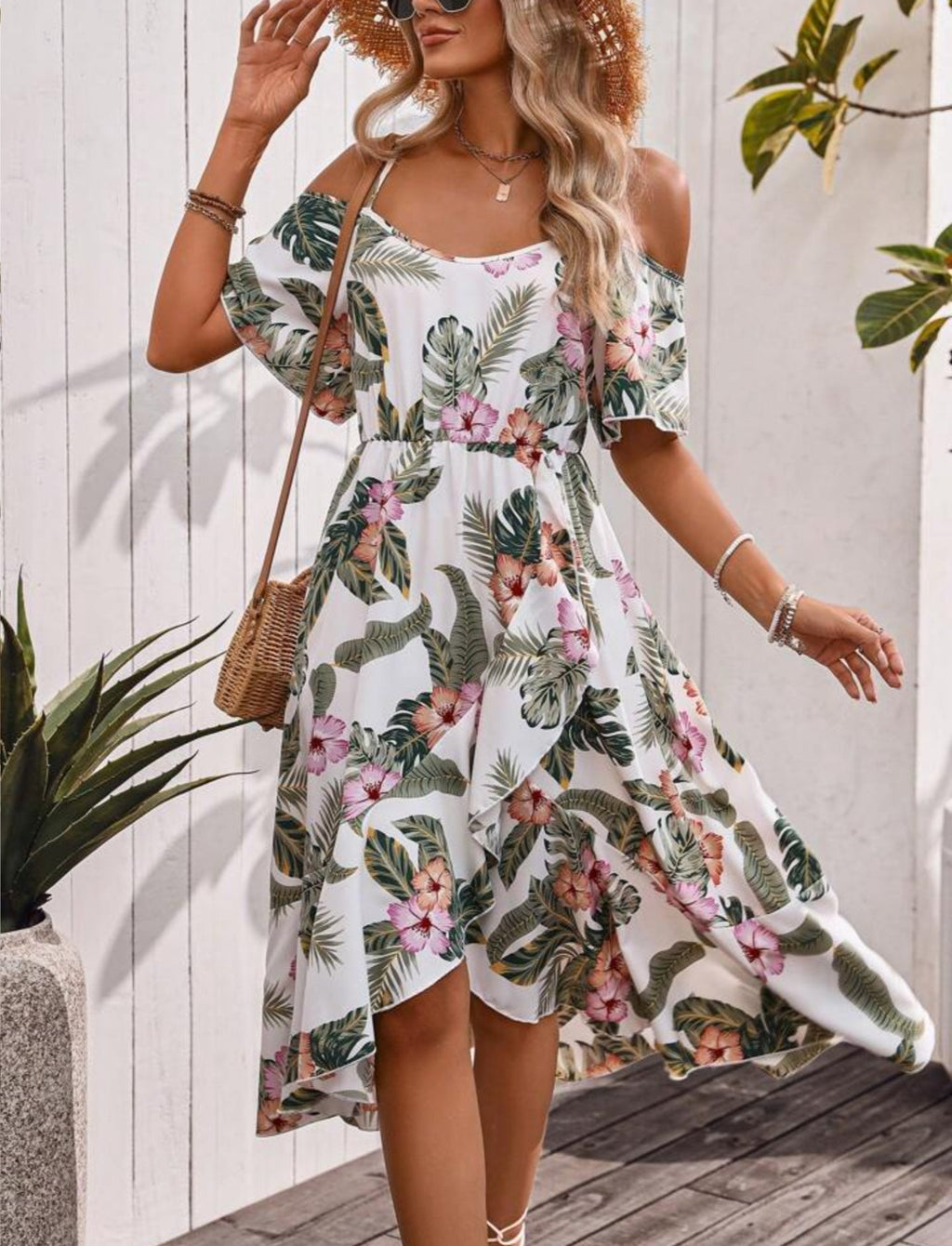 Tropical Floral Shoulder Cutout Midi Dress