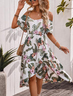 Tropical Floral Shoulder Cutout Midi Dress