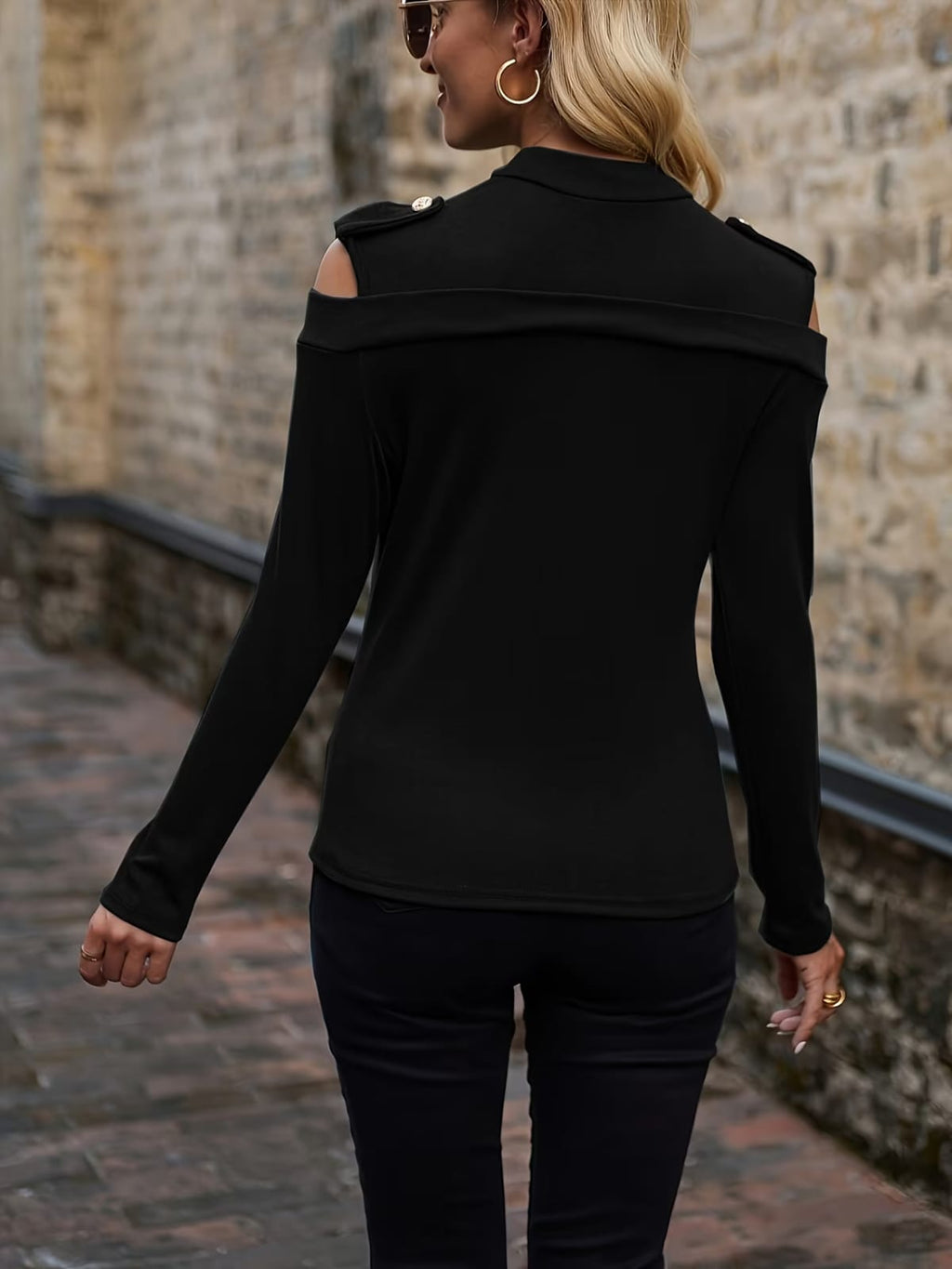 Gold-Button Cold Shoulder Top