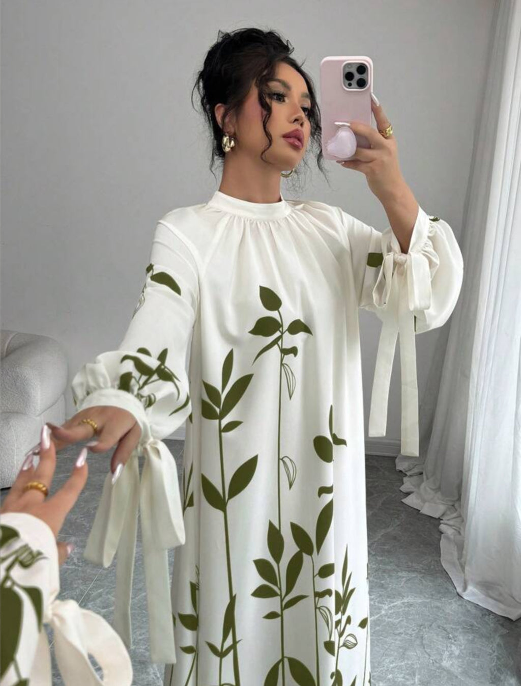 Flowy Long Sleeve Maxi Dress with Leaf Print