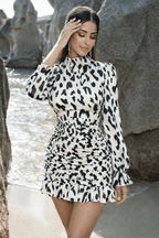 Leopard Print Long Sleeve Ruched Mini Dress – Bold, Chic, & Stylish