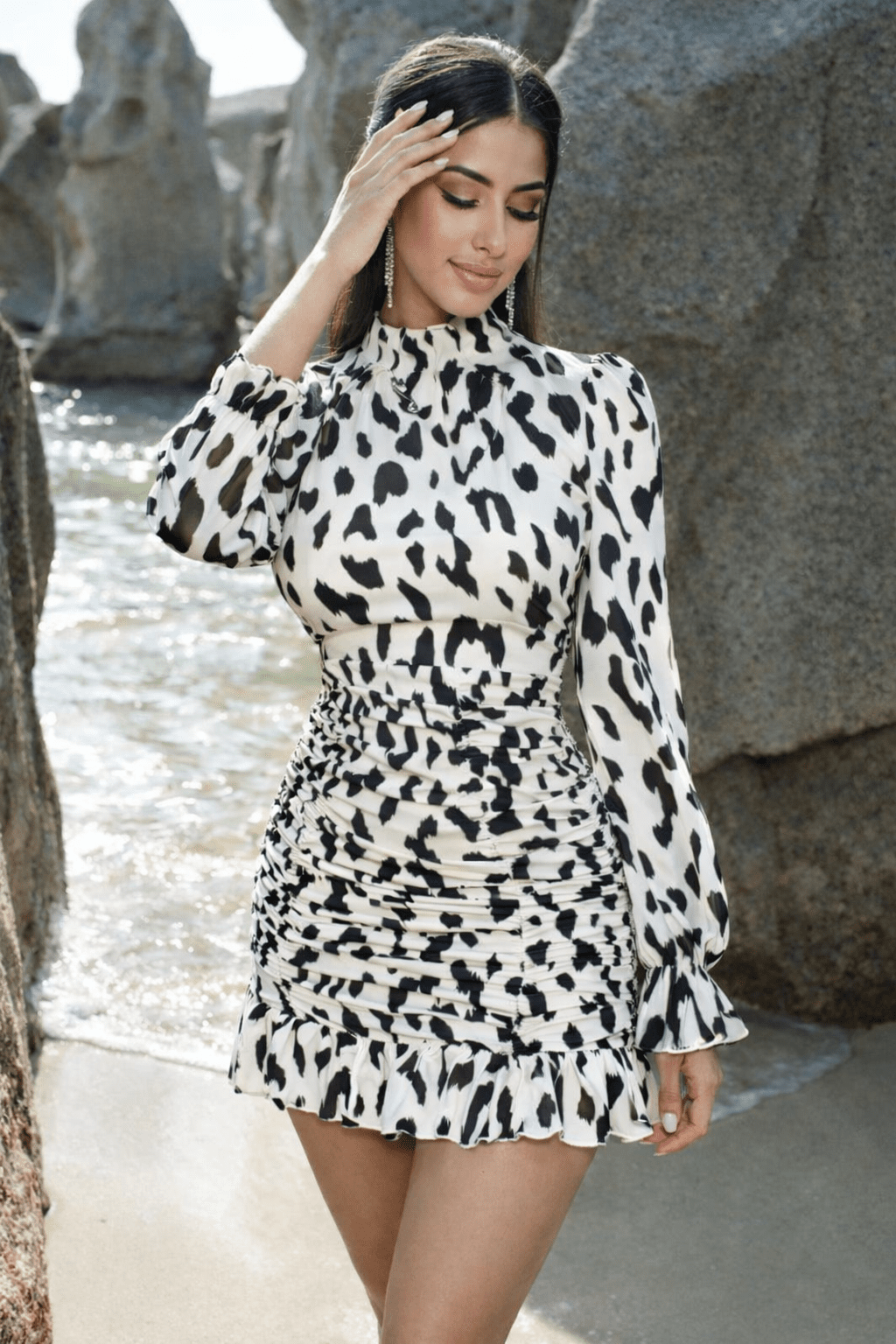 Leopard Print Long Sleeve Ruched Mini Dress – Bold, Chic, & Stylish