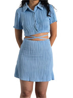 Solid Elegant Shirred Two-Piece Set – Chic Button Lapel Top & High Waist Skirt