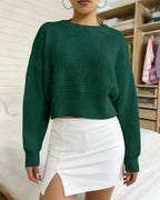 Women’s Cropped Knit Sweater – Long Sleeve Cozy Ribbed Pullover