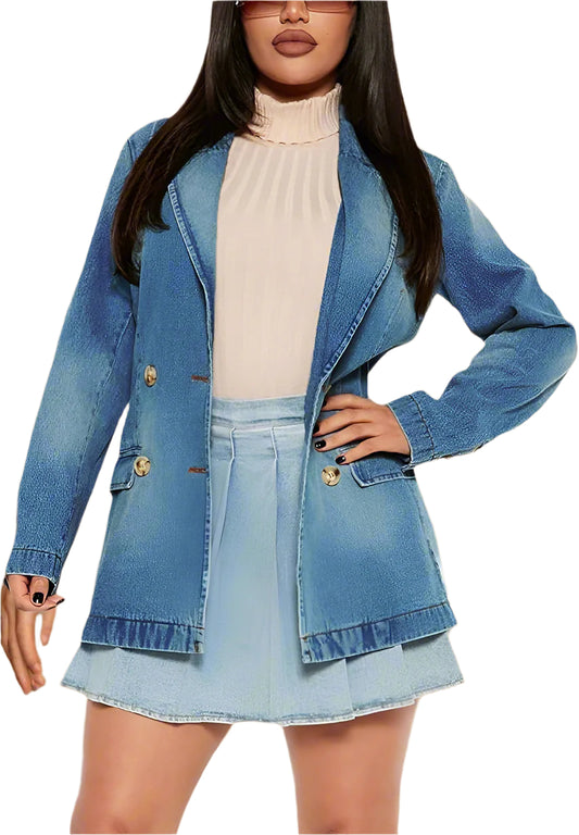 Elegant Double Breasted Denim Blazer – Chic & Timeless Style