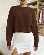 Women’s Cropped Knit Sweater – Long Sleeve Cozy Ribbed Pullover