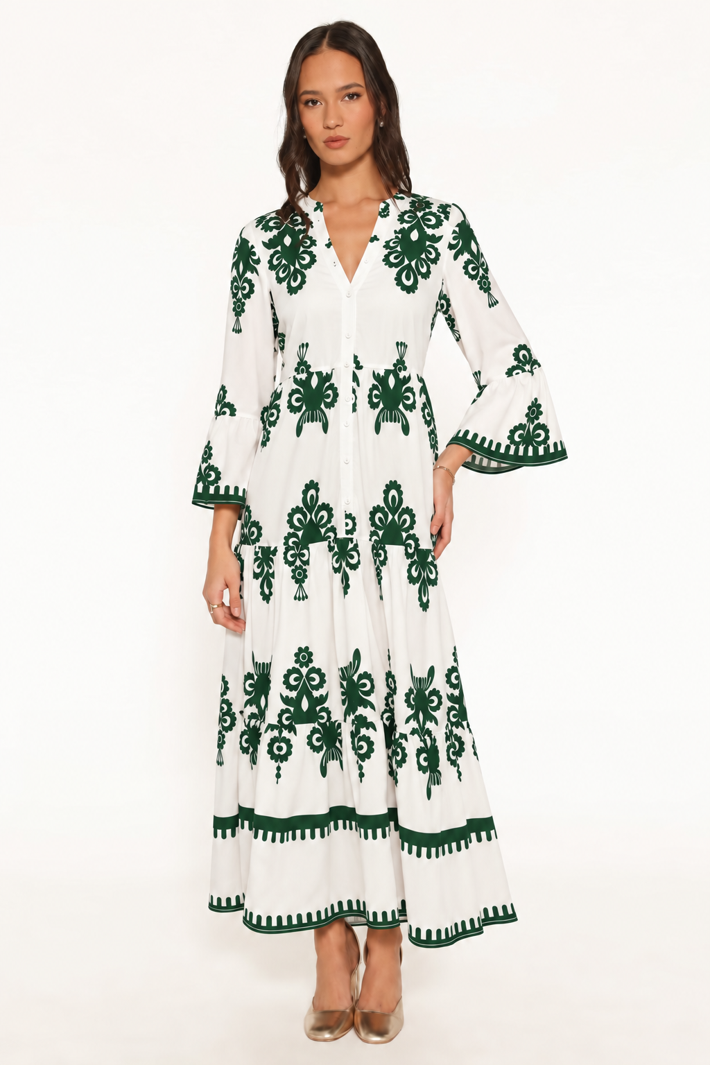 Ornamental Print Tiered Maxi Dress