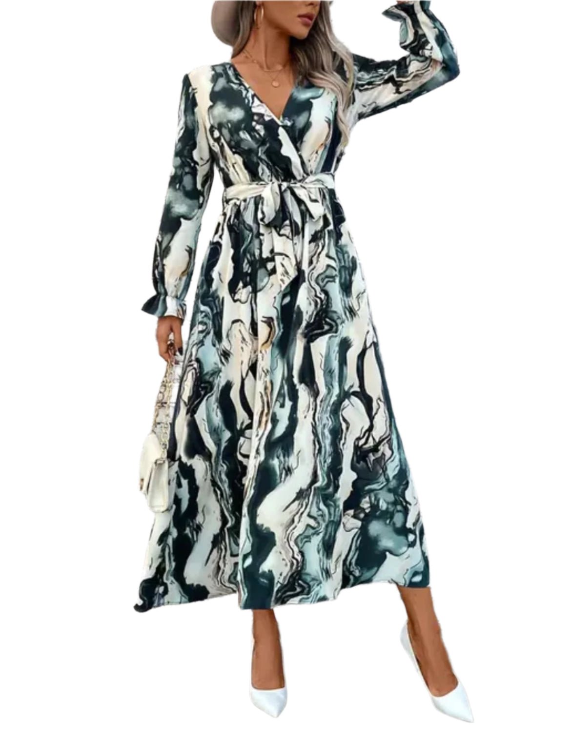 Chic Abstract Print Maxi Dress with Waist Tie – Vibrant & Elegant Flowy Style