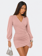 Pleated Puff Long Sleeve Mini Dress