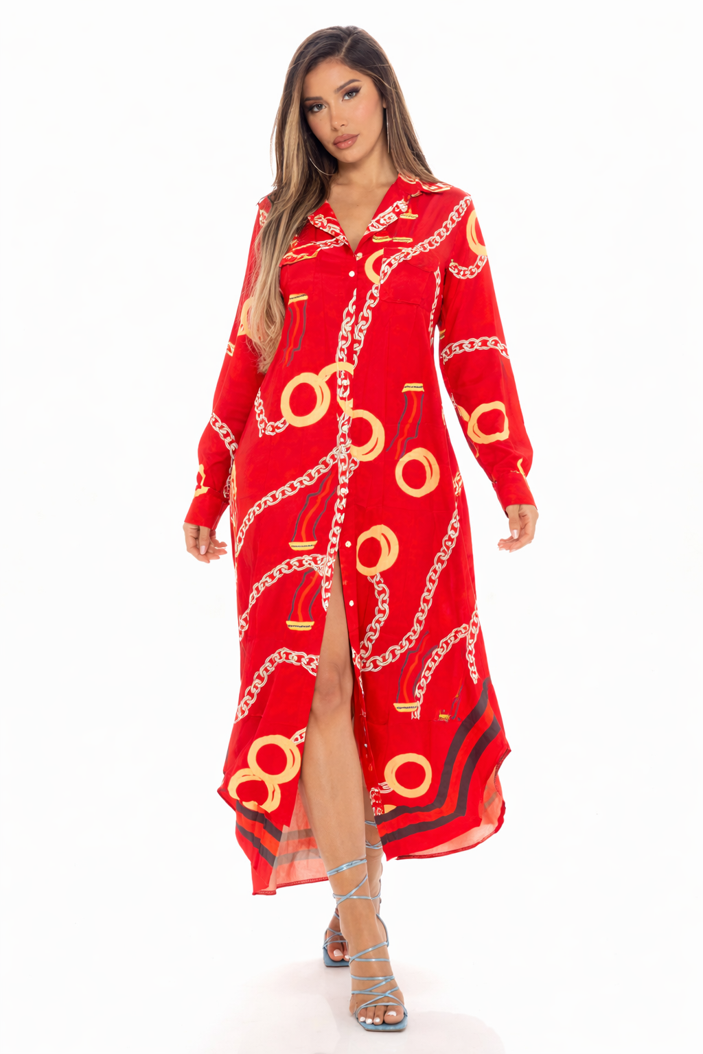 Pattern Long Button Shirt Maxi Dress