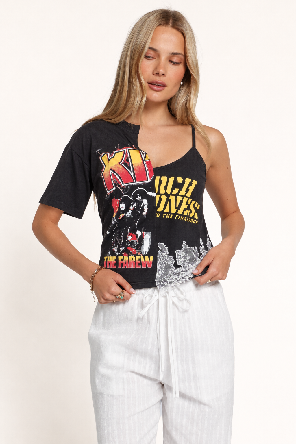 Spliced Graphic Lace-Trim Top