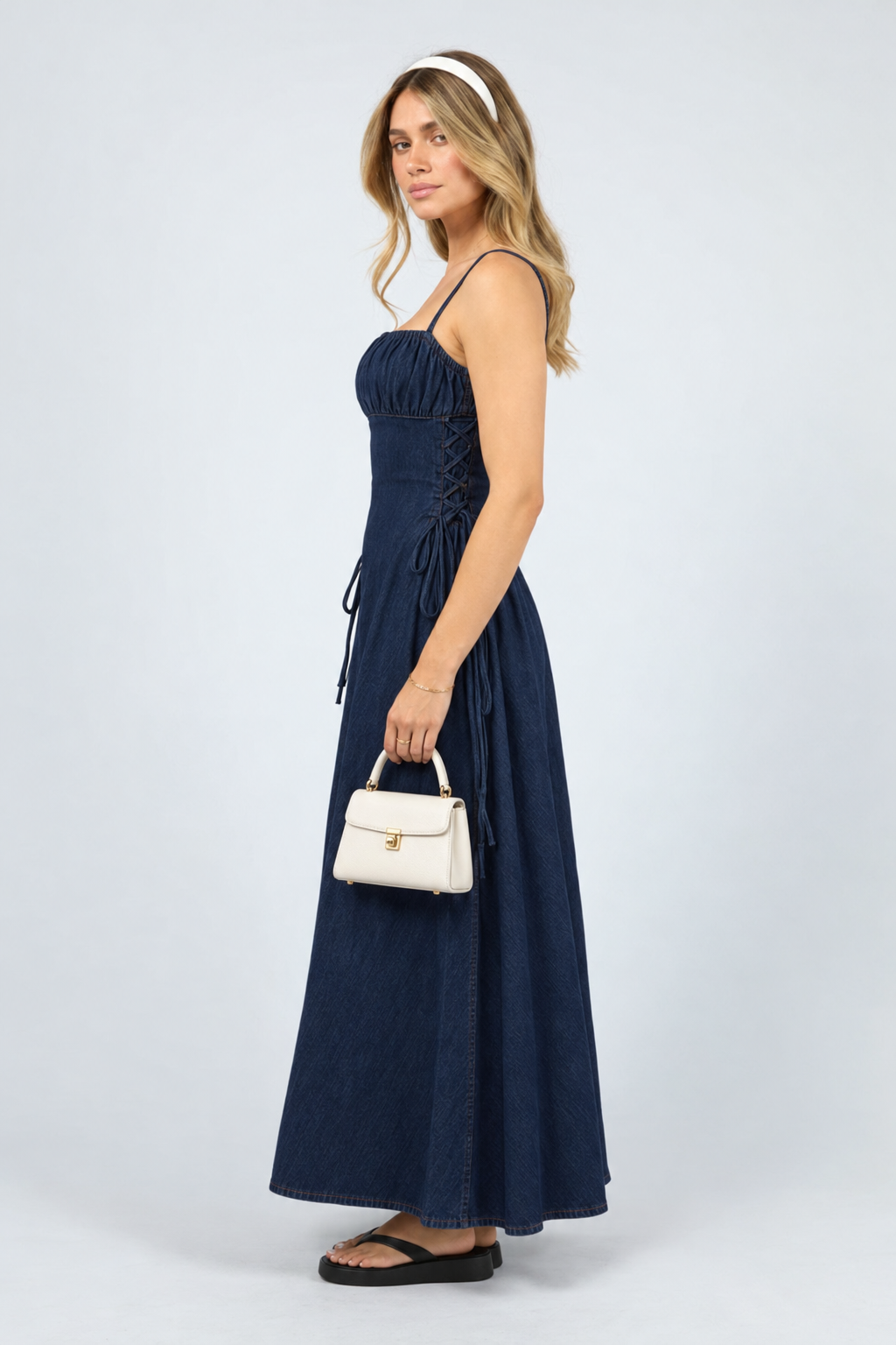 Ruched Denim  Bodice Strappy Midi Dress