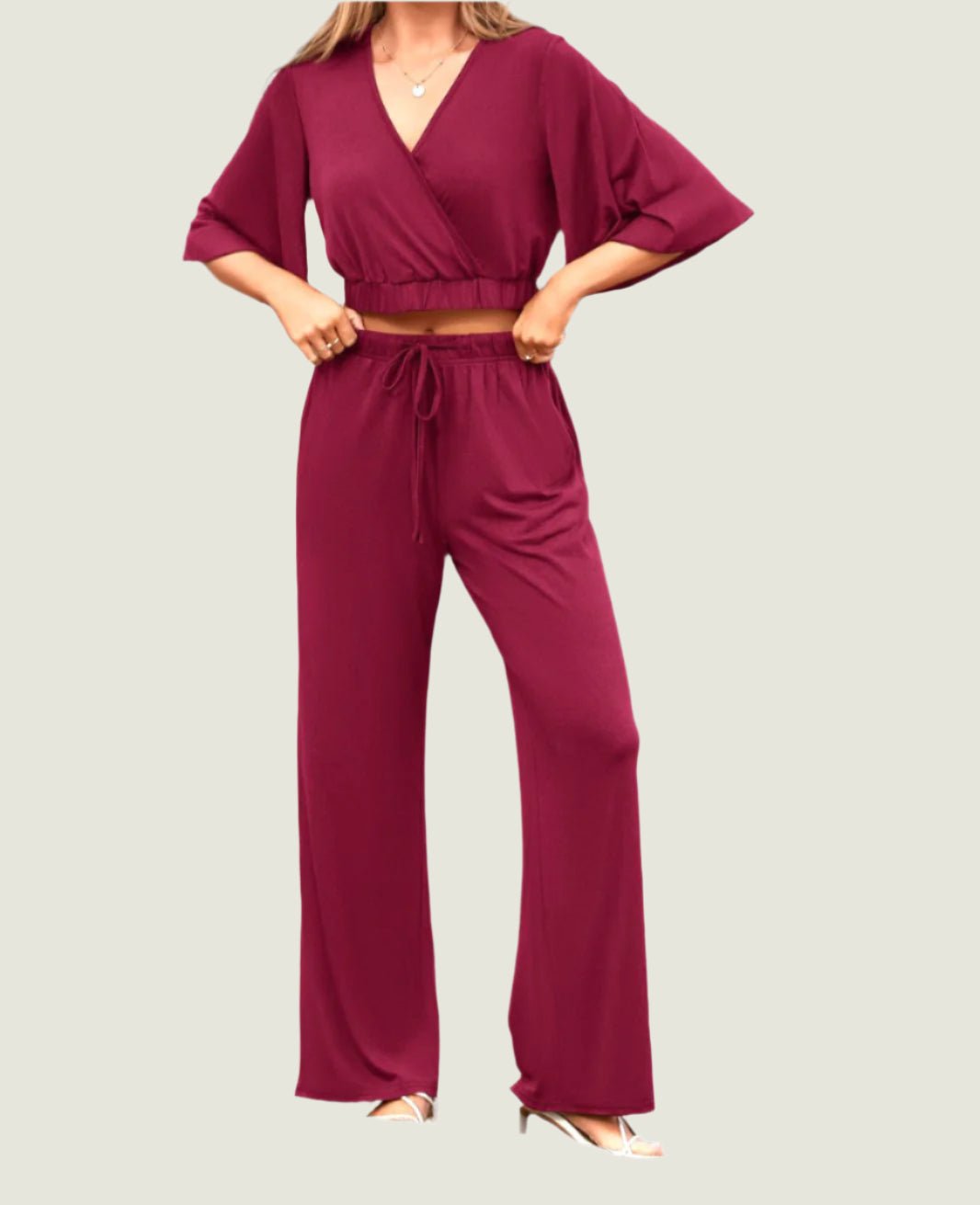 Flowy Sleeve Crop Top & Wide-Leg Pants Set