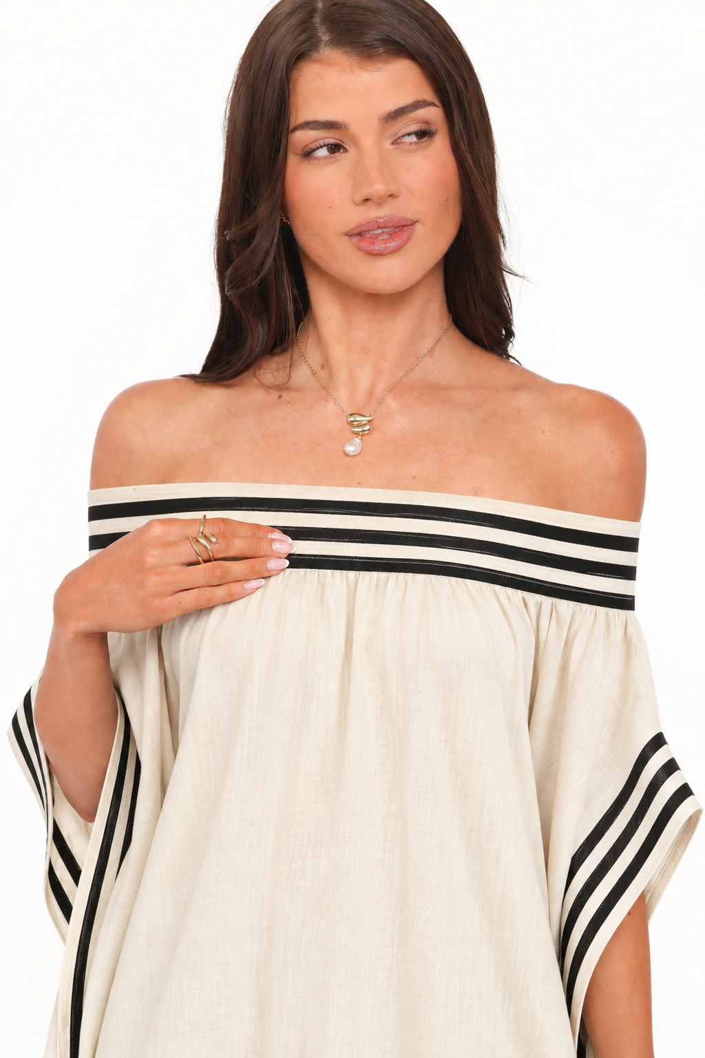 Contrast-Trim Off-Shoulder Maxi Dress