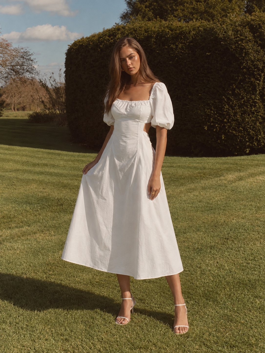 White Cutout Puff Sleeve Curve Midi Dress