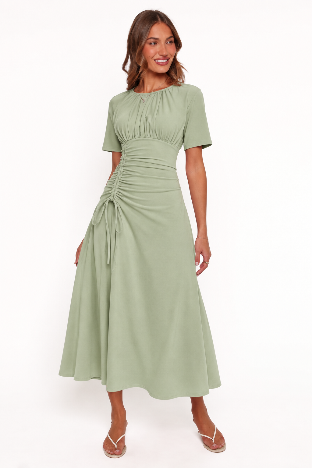 Adjustable Ruched Short-Sleeve Maxi Dress