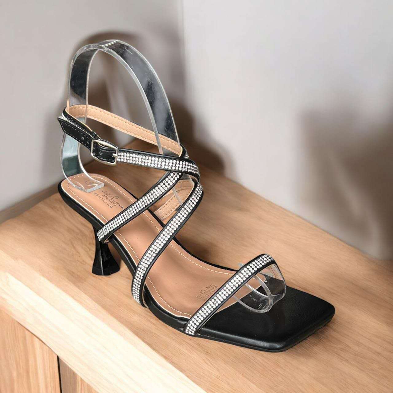 Strappy Rhinestone Heel Sandals – Square Toe Elegance