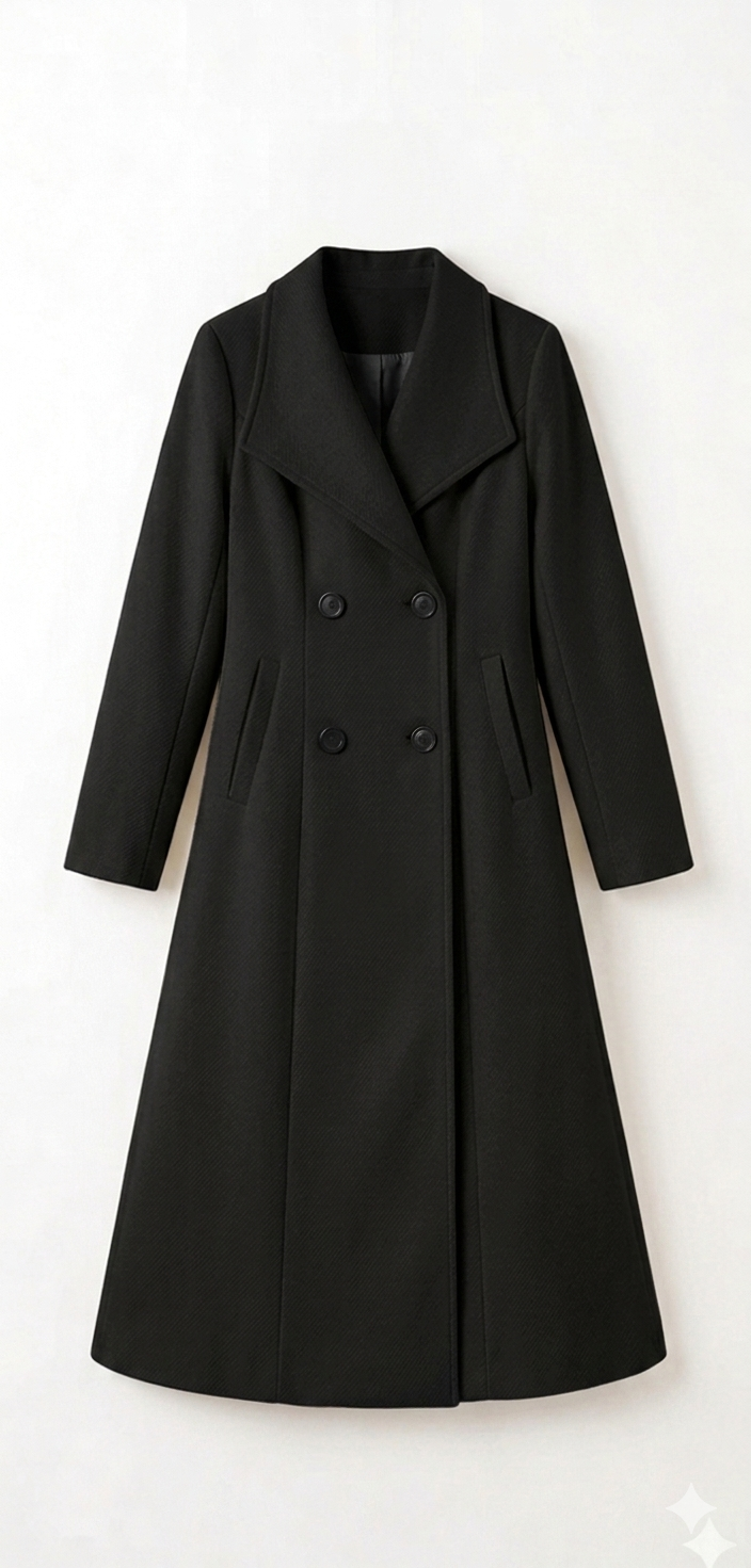 Women's Double-Breasted Woolen Overcoat – Long Elegant Winter Coat