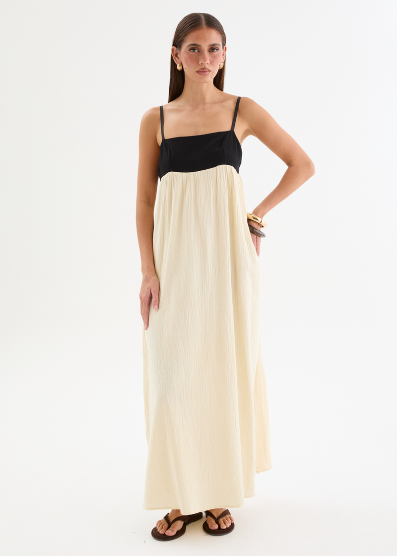 Contrast Bodice Flowing Maxi Dress