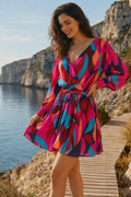 Vibrant Abstract Belted Puff Sleeve Dress