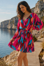 Vibrant Abstract Belted Puff Sleeve Dress