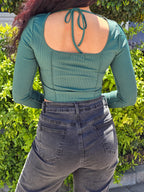 Square Neck Patchwork Long Sleeve Rib Knit Crop Top