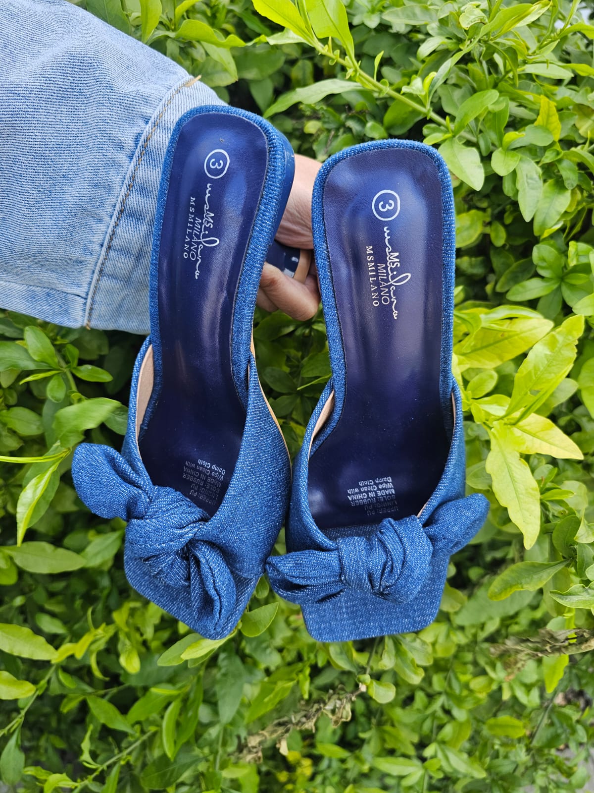 Bow Knot Square Toe Heels – Denim Mid Heel Mules