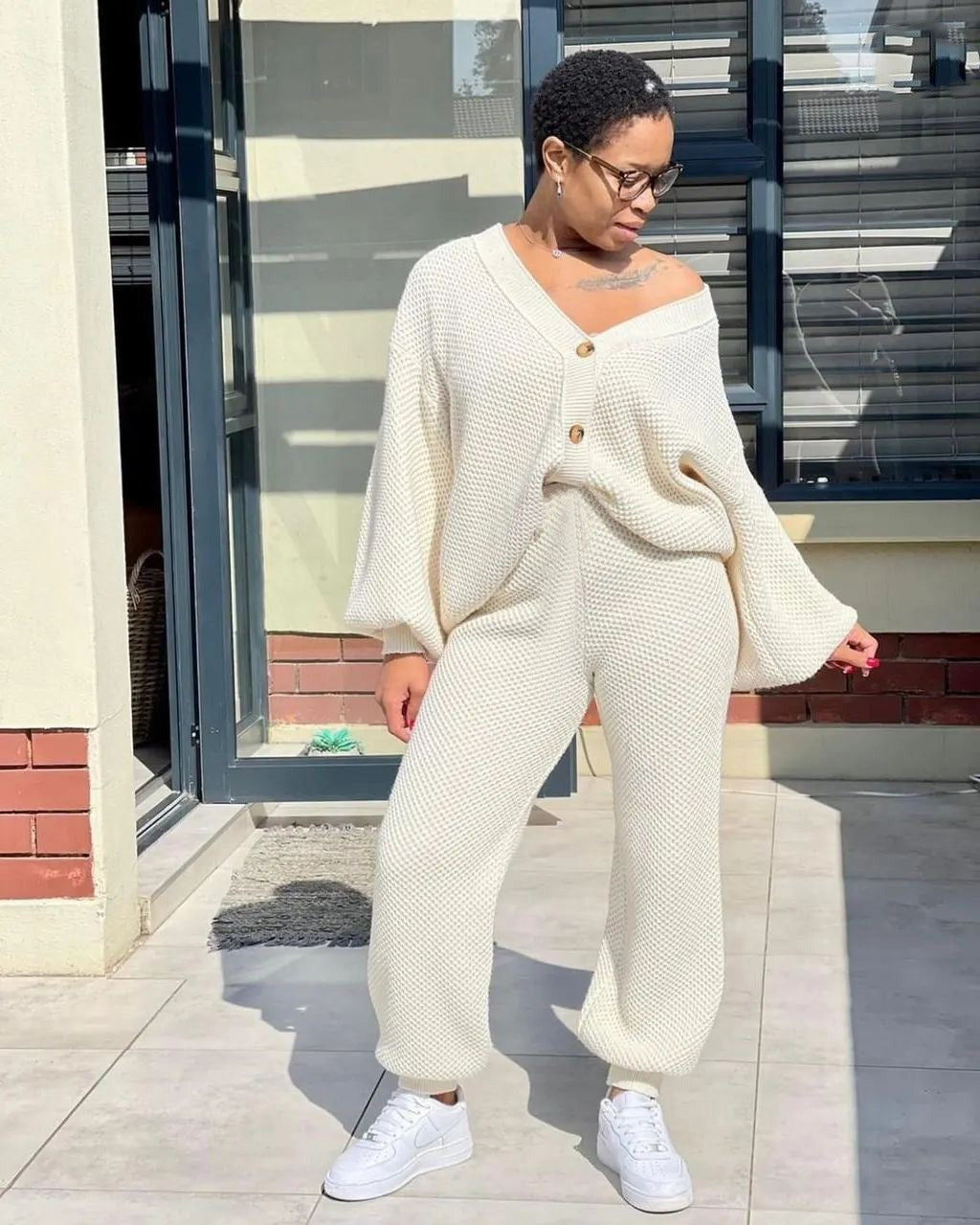 Knitted Loose Cardigan Elastic Waist Pant Two Piece Set