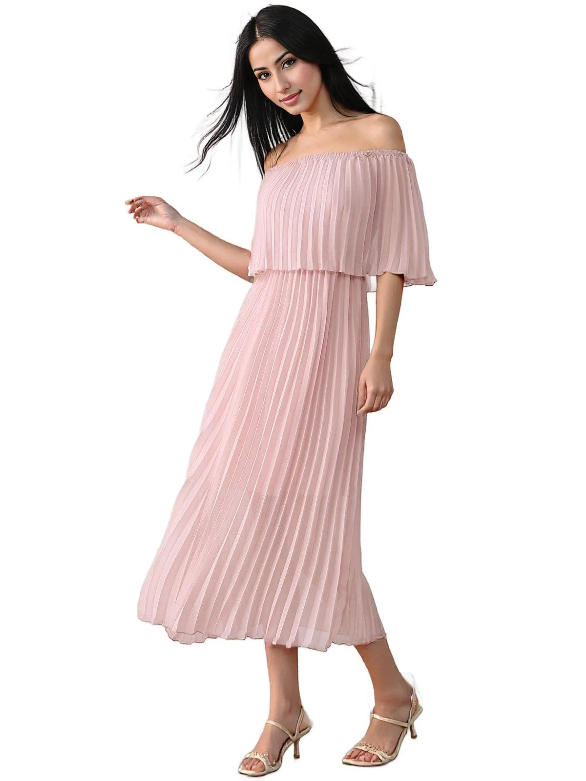 Pink Off-Shoulder Chiffon Pleated Midi Dress 