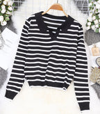 Striped Collar Knit Sweater for Women