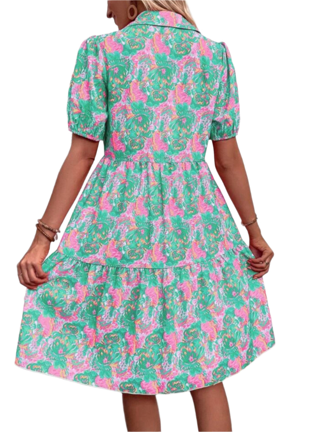 Floral Puff Short Sleeve Button-Down Midi Dress