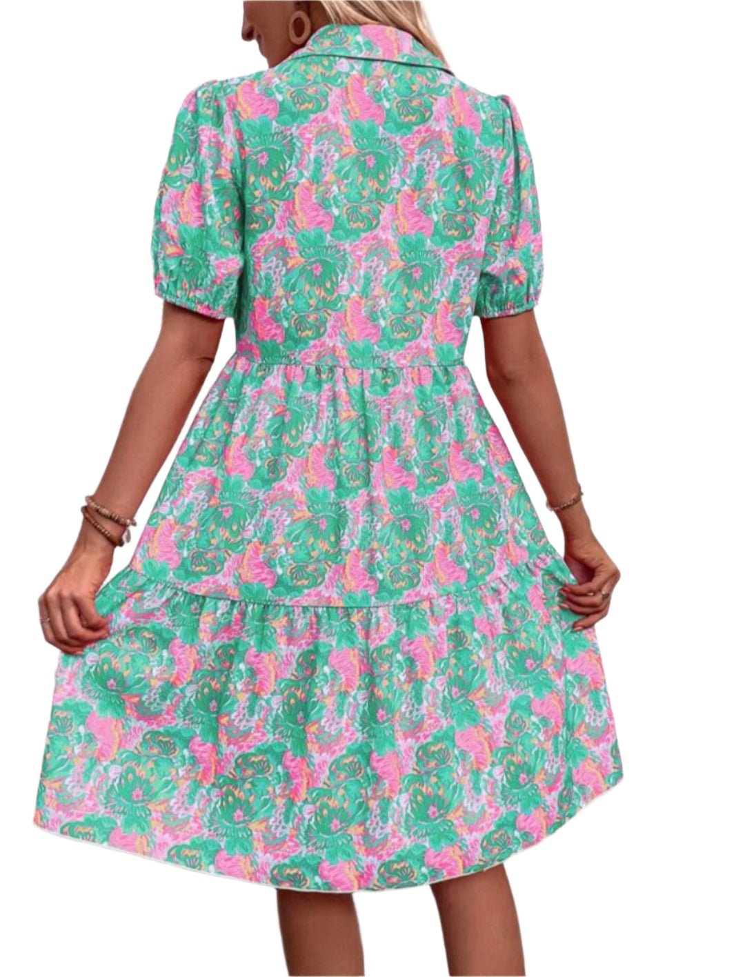 Floral Puff Short Sleeve Button-Down Midi Dress