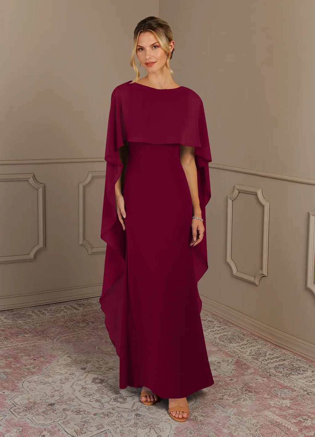 Elegant Cape Sleeve Maxi Dress – Two Piece Overlay Formal Evening Dress