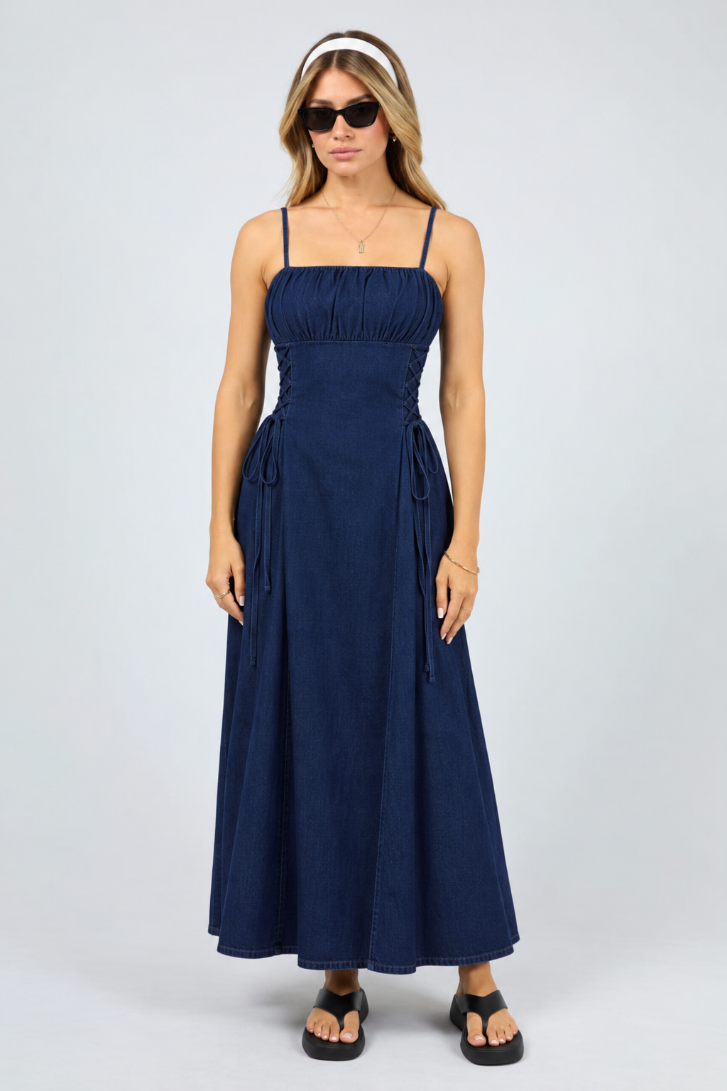Ruched Denim  Bodice Strappy Midi Dress