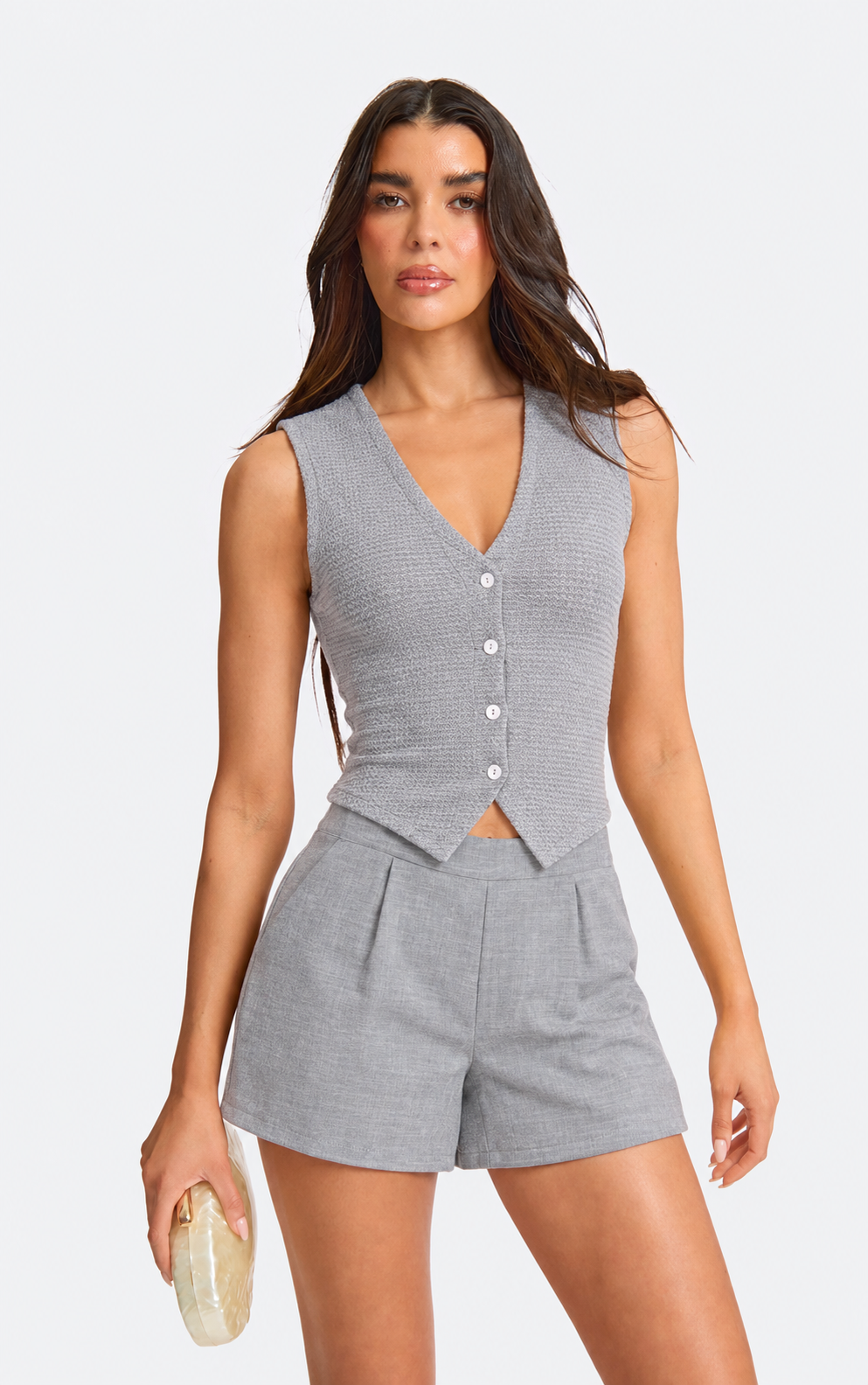 Tailored Button Vest & Pleated Shorts Set