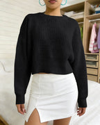 Women’s Cropped Knit Sweater – Long Sleeve Cozy Ribbed Pullover