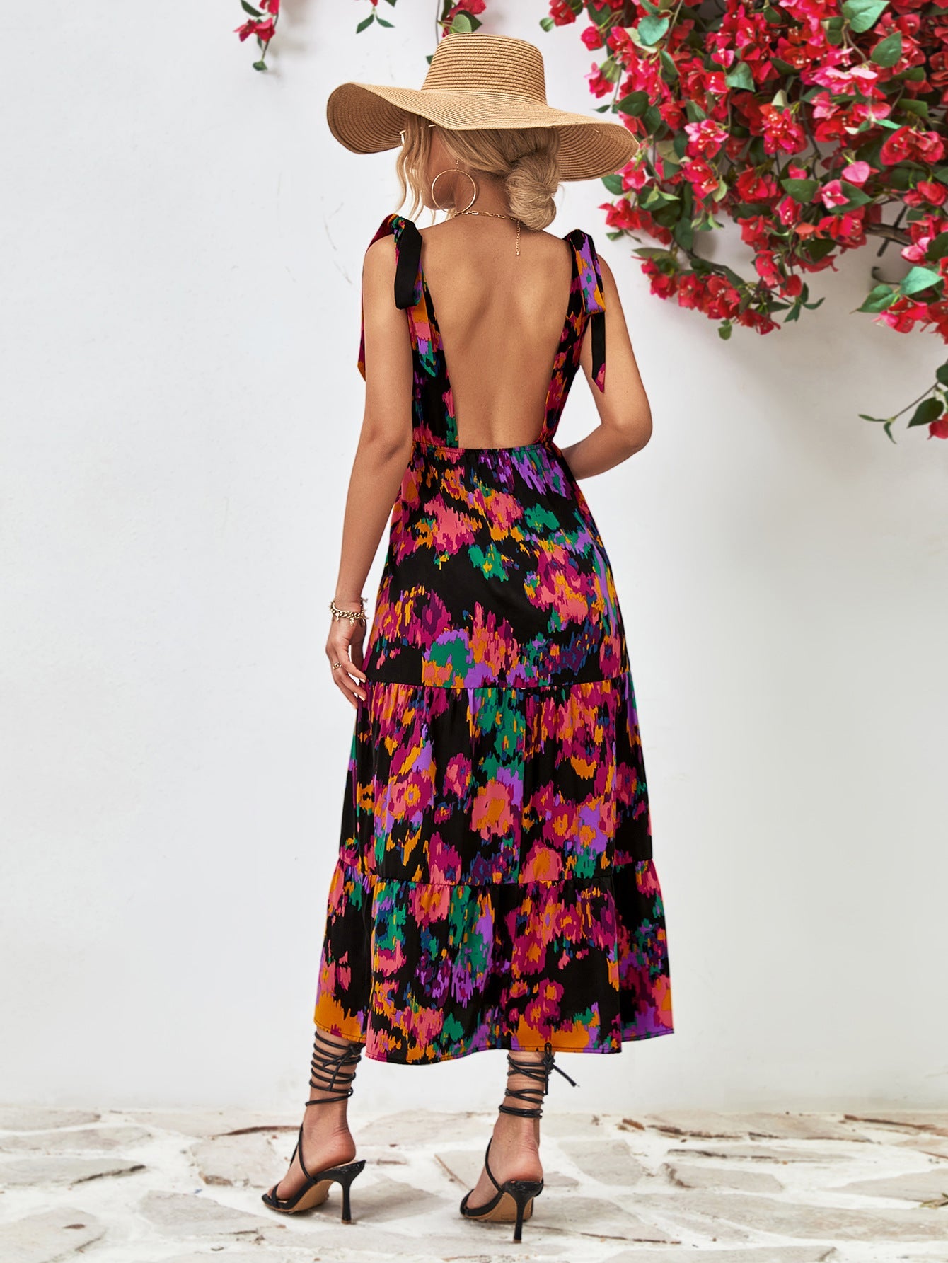 Bold Bloom Open-Back Tiered Maxi Dress