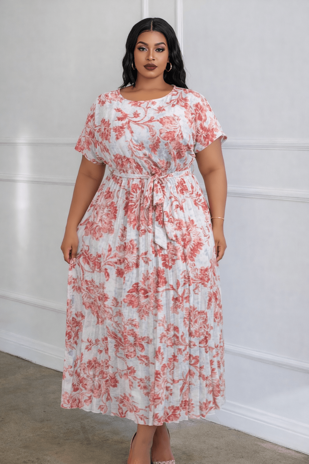 Floral Pleated Belted Midi Dress