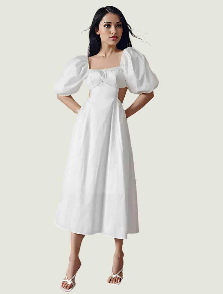 Elegant Puff Sleeve Midi Dress – Chic Cutout Details