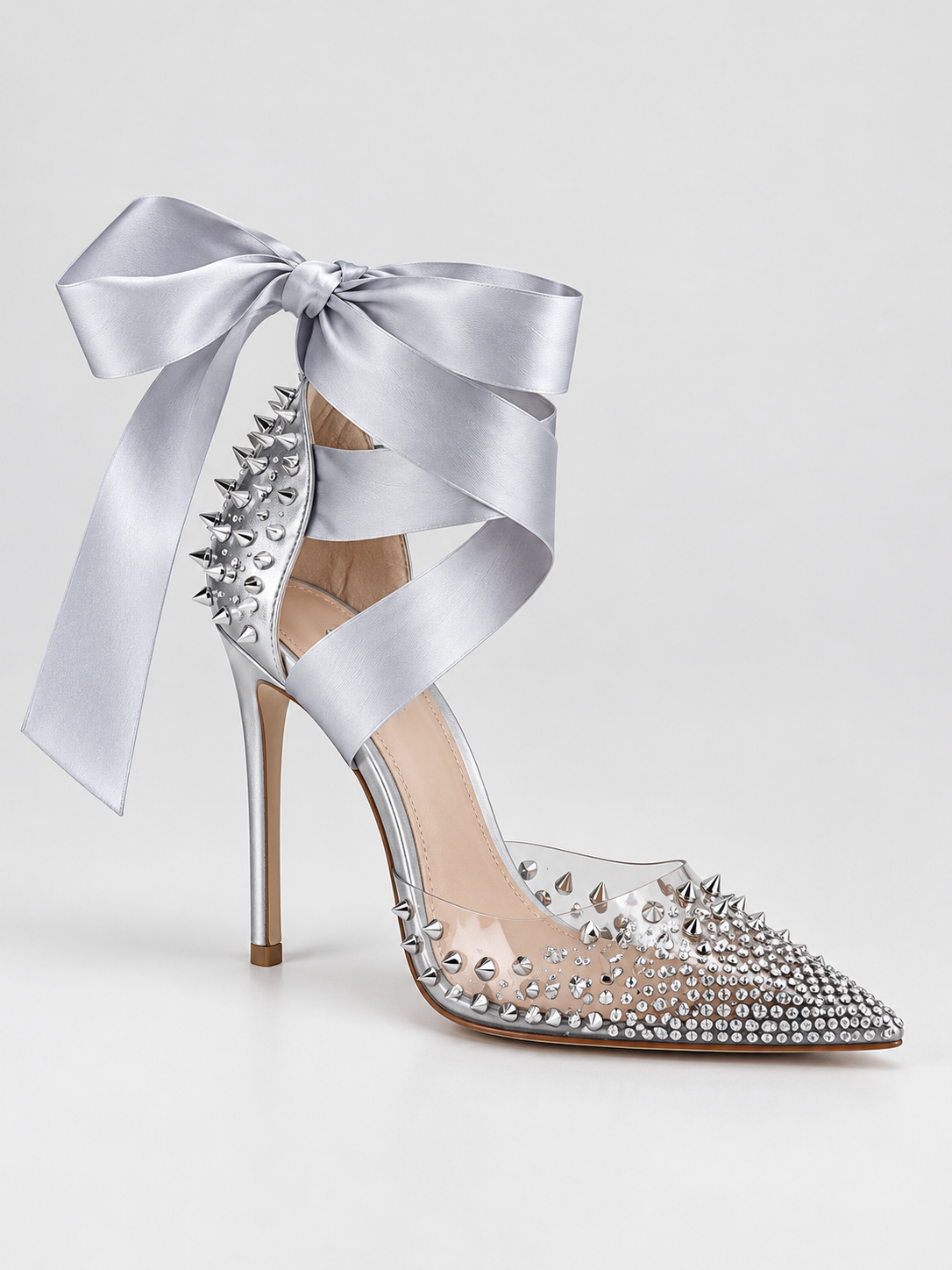 Studded Clear Pointed-Toe Lace-Up Heels