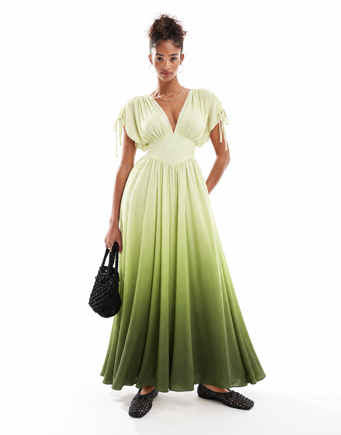 Elegant V Neck Ombre Basque Waist Dress